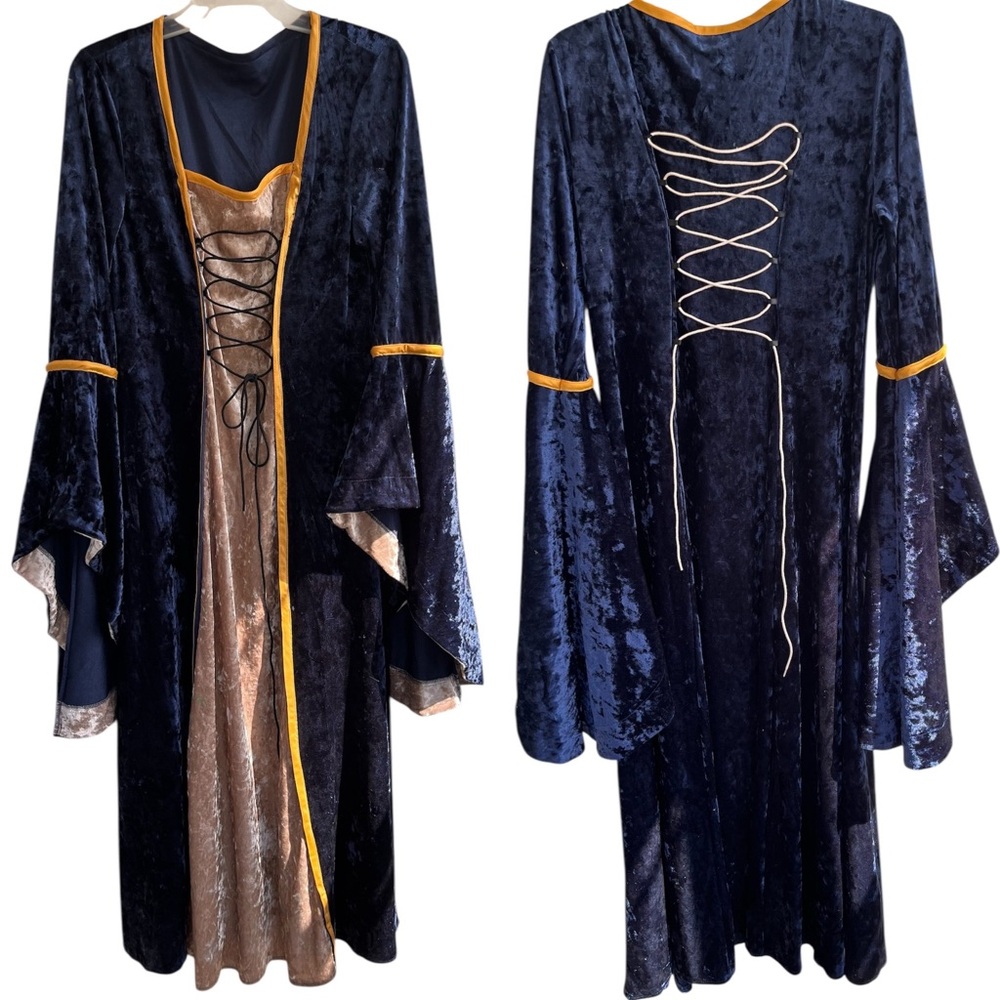 Vintage Inspired Halloween Navy Blue Velvet Renaissance Dress w/Gold Trim